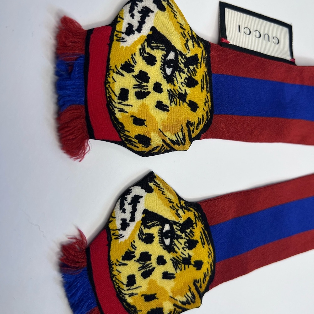 Gucci Striped Leopard Printed Frayed-Edge Twilly Scarf - Picture 2 of 2